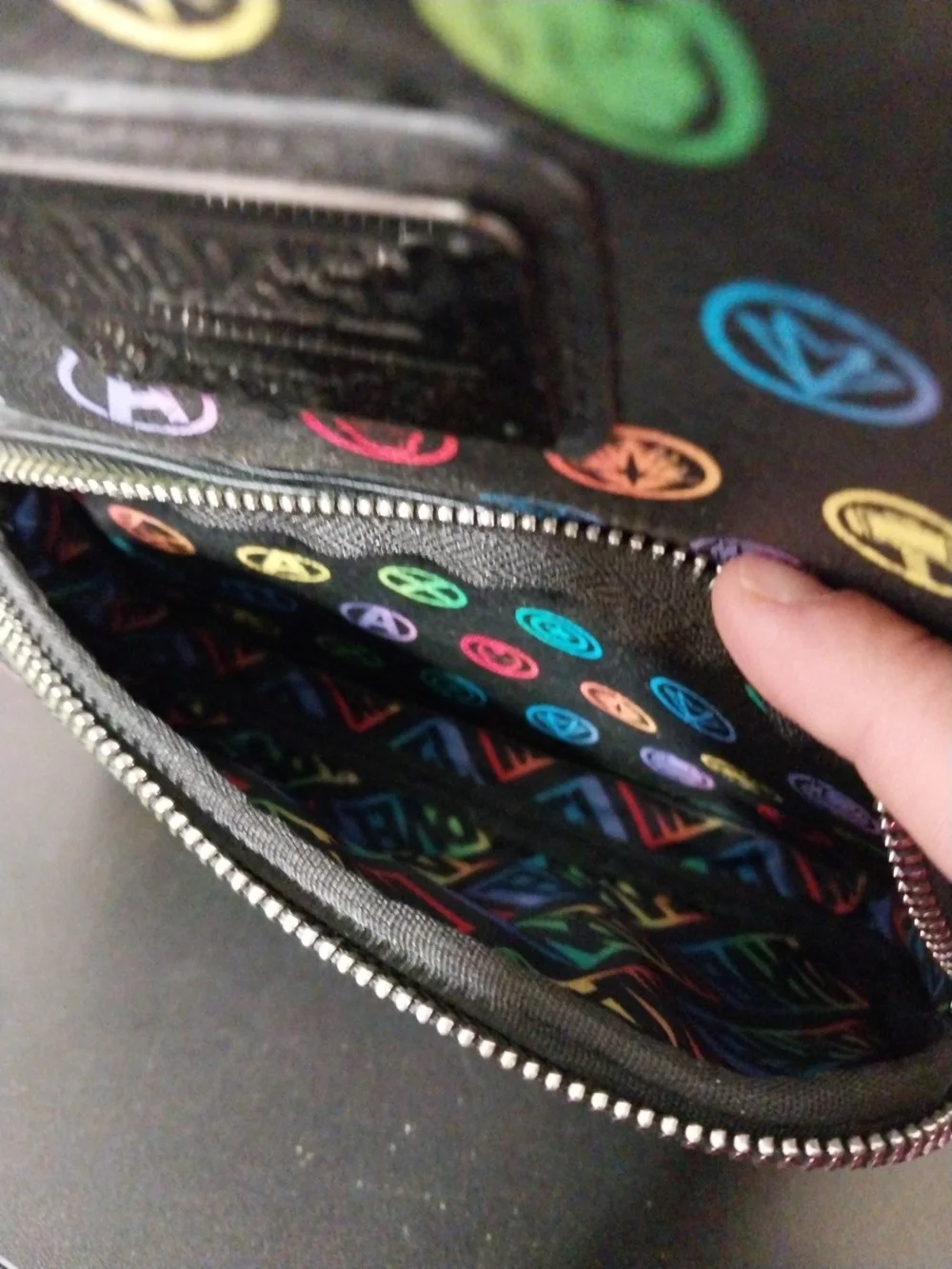 Loungefly Black Mini Backpack with Colorful Marvel Superhero Icons